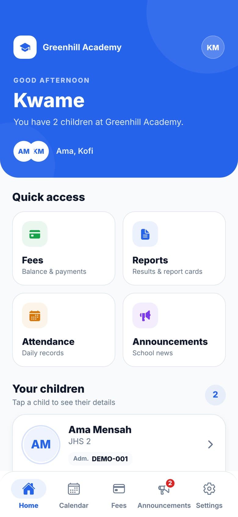 Parent app home screen: Kwame has two children, Ama and Kofi, at Greenhill Academy
