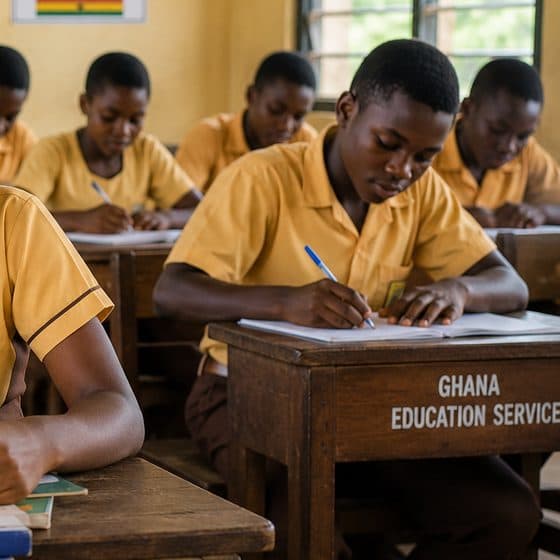 Students writing at their desks in a junior high school classroom