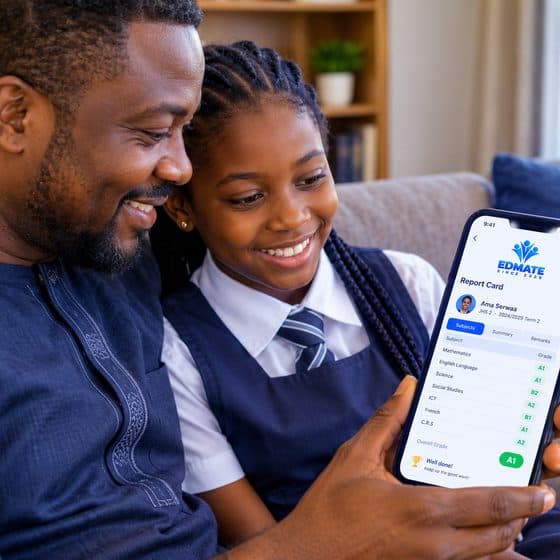 A father and his daughter looking at her report card on a phone