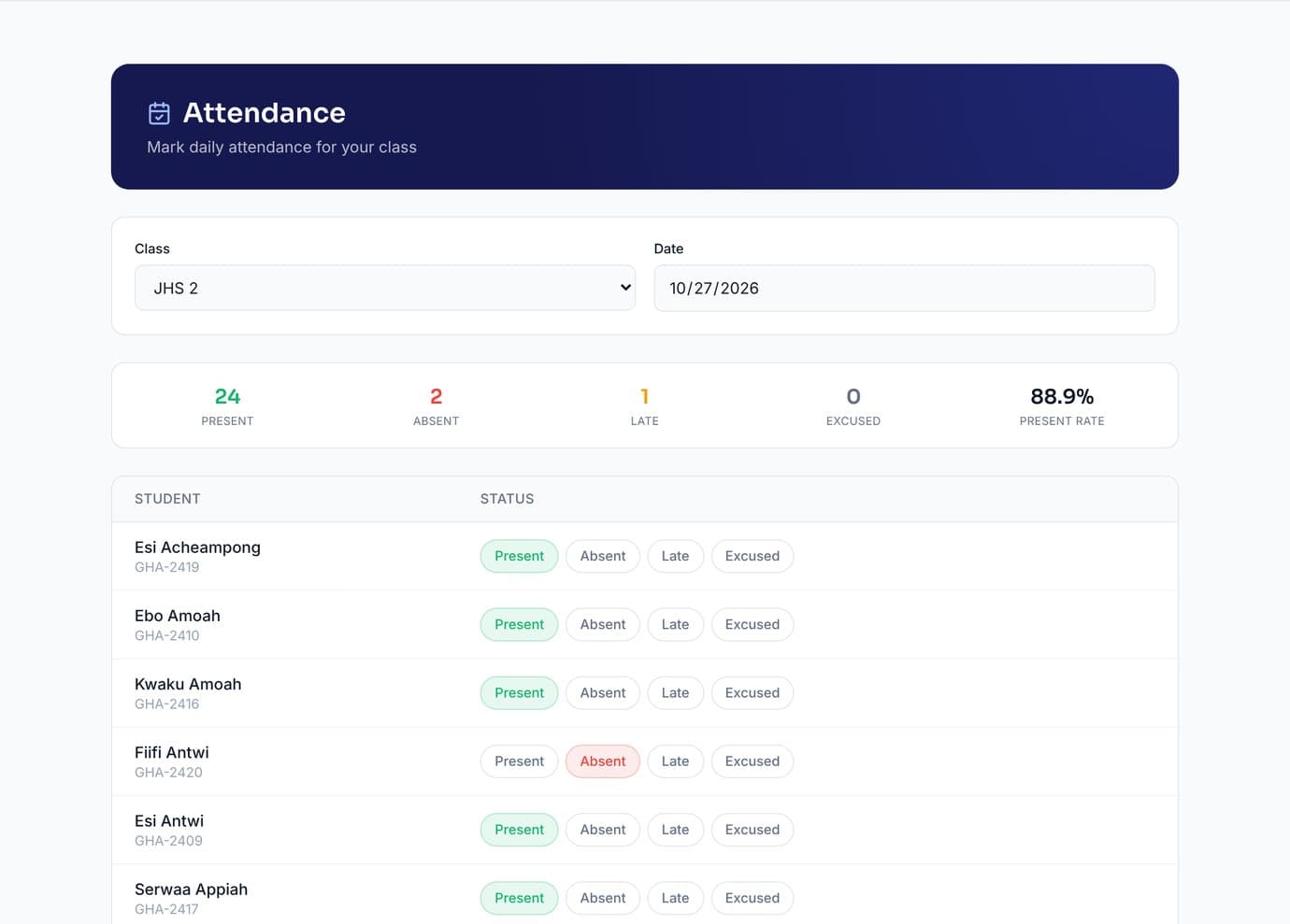 The attendance register for JHS 2, with 24 present, 2 absent and 1 late