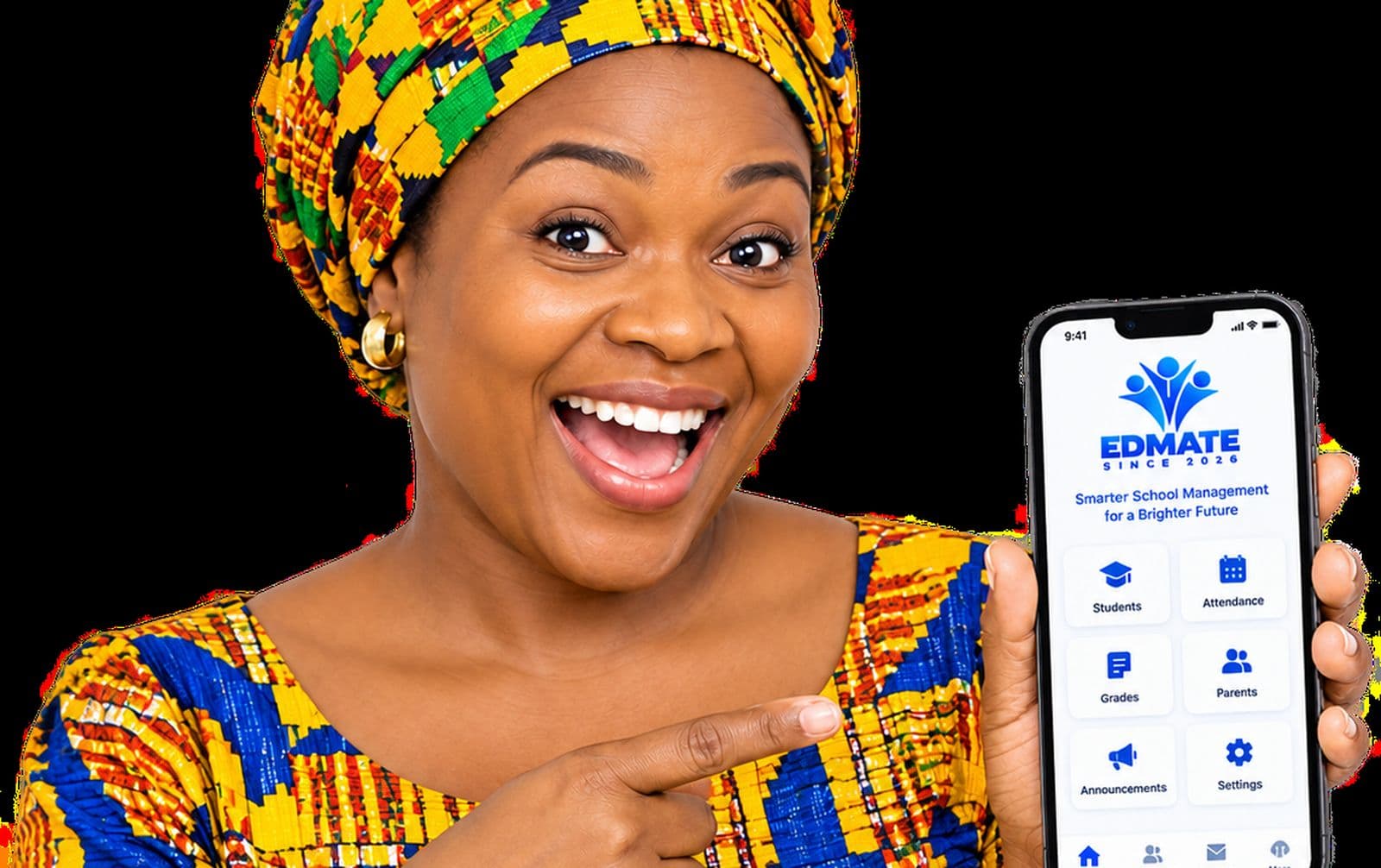 A mother in kente cloth holding up her phone