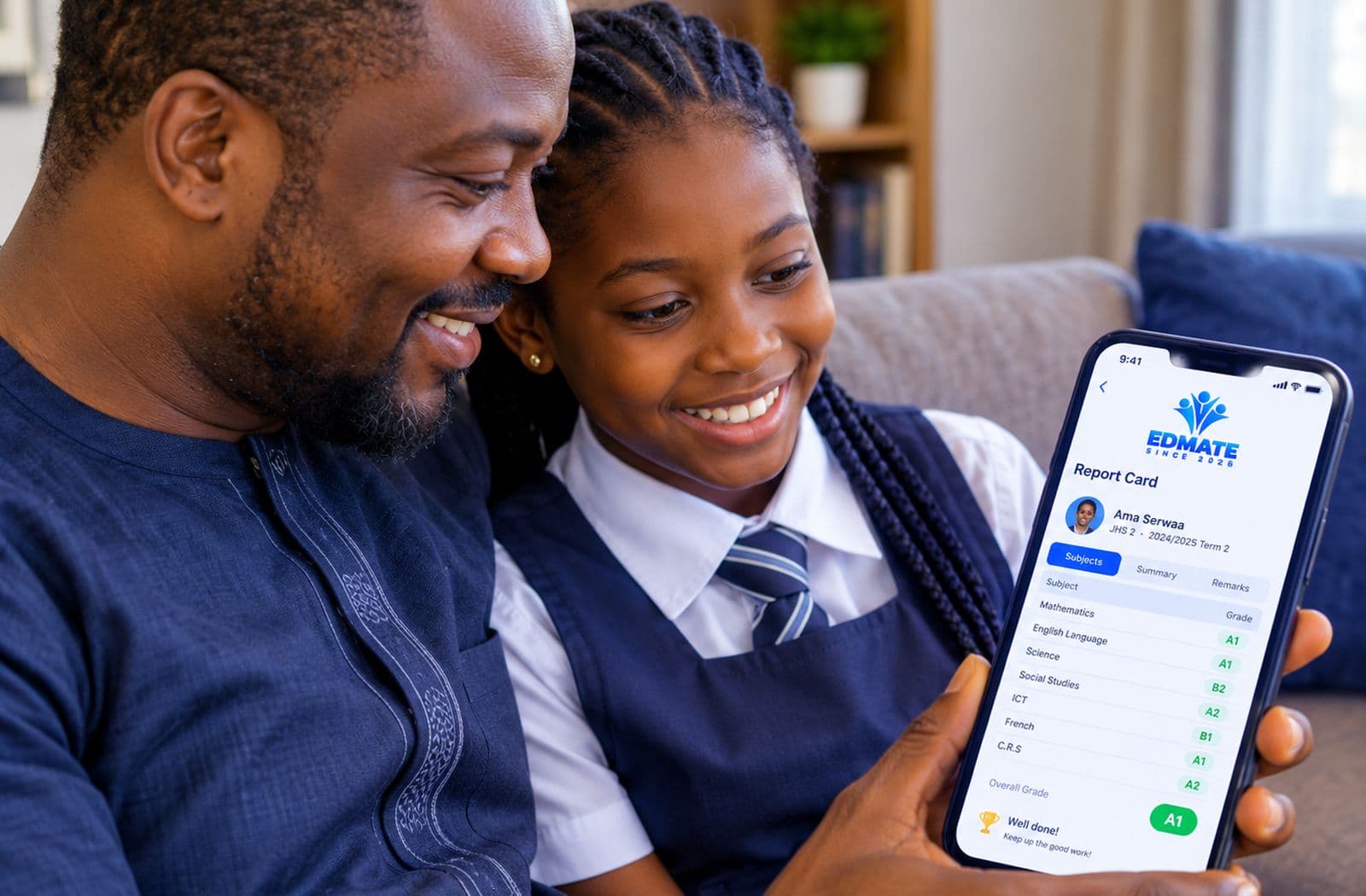A father and his daughter looking at her results on a phone